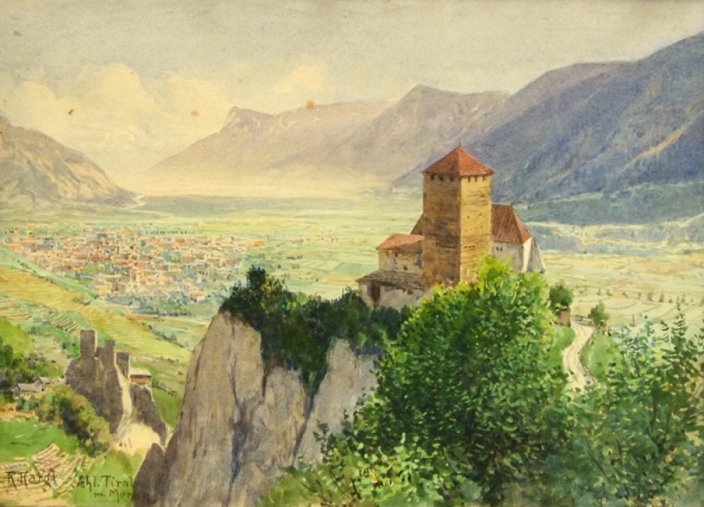 Rudolf Kargl, Schloß Tirol mit Meran im Hintergrund