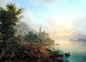 Preview: Franz Hochecker (1730-1782), Rheinlandschaft mit Schloss, Städtchen mit Kirche, Booten und Figuren