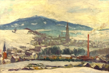 Peter Bina, Impressionistische Stadtansicht von Zwiesel im Winter 1920