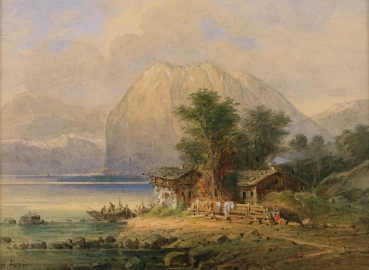 Johann Wilhelm Frey, (1830-1909), Hütte an einem Alpensee
