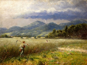 Ottmar Hendschel, Landschaft mit Bauern beim Sensen