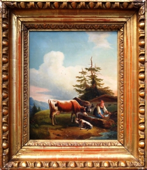 Edmund Mahlknecht (1820-1903), a farmer with cows at a watering place on the farm