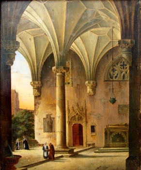 Freidrich Eibner (zugeschrieben), Klostervorhalle mit Nonne und Mönch