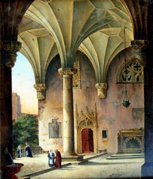 Freidrich Eibner (zugeschrieben), Klostervorhalle mit Nonne und Mönch