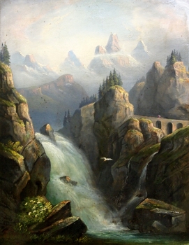 Romantiker Ende 19.JH, Gebirgsansicht mit Wasserfall