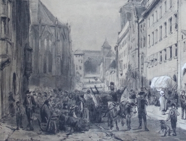 Cornelis Springer, The Beautiful Fountain with a view of Nuremberg Town Hall