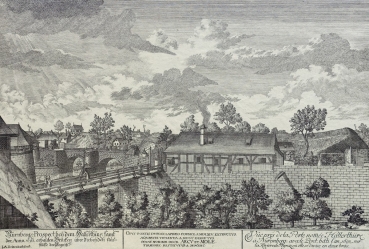 Johann Adam Delsenbach, Prospect at the Hallerthür. [Lein] together with the Anno, 1693, built bridges over the two outlets of the Pegnitz