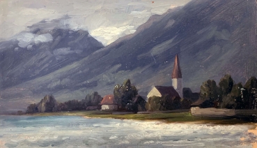 Theodor Widmayer, promontory in evening mood with church on the riverbank