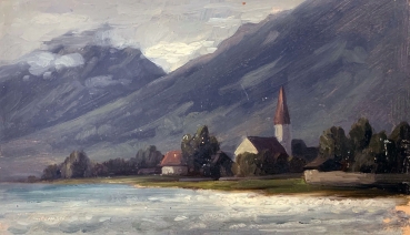 Theodor Widmayer, Vorgebirge in Abendstimmung mit Kirche am Flussufer