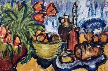 Gudrun Etschel, table still life with flowers and fruit bowl
