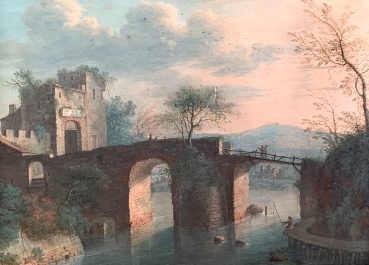 Georg Christoph G. von Bemmel, Flusslandschaft mit historischer Brücke und Personenstaffage