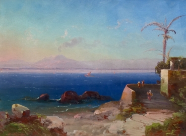 Peter Conrad Schreiber, sea coast with fortress and Vesuvius in the background