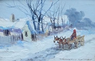 György Németh (Németh György),  Ungarn, Pferdefuhrwerk in winterlicher Landschaft