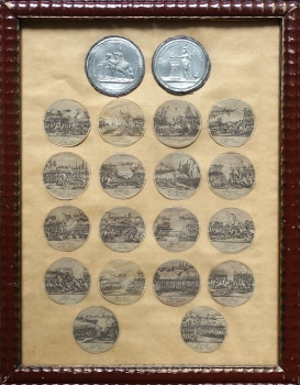 Johann Thomas Stettner, Napoleon Ier Emper. de Franc. et Roi d'Italie. Pewter stick medal for Napoleon's victories until 1807. With 18 fine old colored copper engravings with battle scenes from 1796 to 1807.