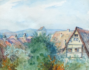 Karl Schultheiss zug., Dorfansicht mit Turm und Fachwerkhäusern