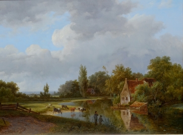 Barend Cornelis Koekkoek, River landscape with a farmhouse and shepherds