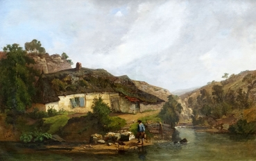 Edouard Jules Joseph Huberti, Mann mit Hund vor einem Gehöft am Fluss