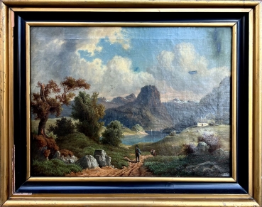 Rudolf Schneider, Romantische Landschaft mit Wanderer am Gebirgssee