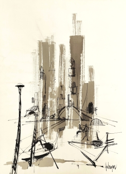 Tugomir Huberger, Abstract view of a Venetian canal with a gondola