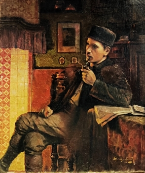 Alois Heinrich Priechenfried, Portrait eines jungen Mannes mit Pfeife in der Stube