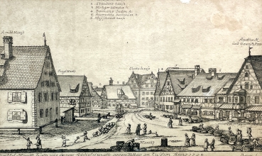 Johann Alexander Boener, The Hof-Marckt Fürth as it can be seen from Schließelwurth towards noon in 1704 (today's fruit market)