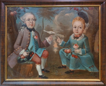 Portrait zweier adeliger Kinder mit Früchten und Singvogel