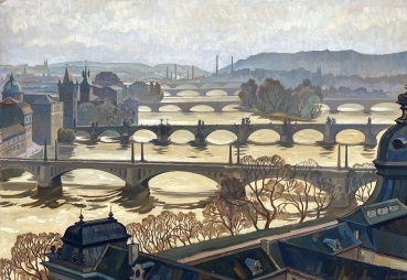 Karl Seubert, Stadtansicht, Blick über die Moldau auf Prag im Abdendlicht