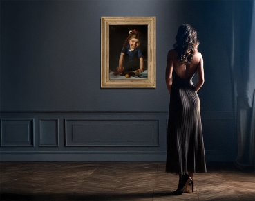 Cherubino Kirchmayr, Mädchen Porträt 1875 in schwarzem Hintergrund mit Früchten