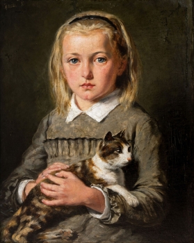 Adolf Müller, Mädchen Portrait mit Katze 1882