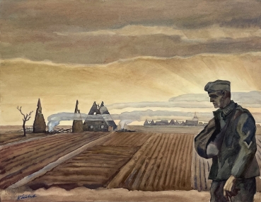 Karl Seubert, War return in front of destroyed village landscape