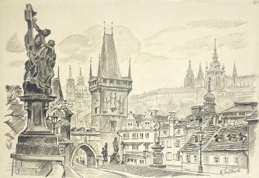 Karl Seubert, Prag Brückenansicht Vorzeichnung
