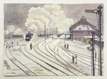 Karl Seubert, Bahnhof im Winter mit Soldaten