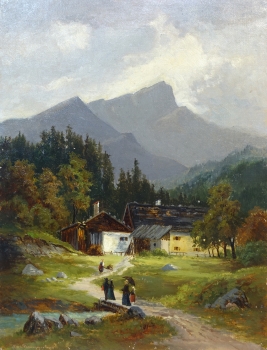 Max Baumgartner, Bauernhaus in den Bergen mit Personenstaffage