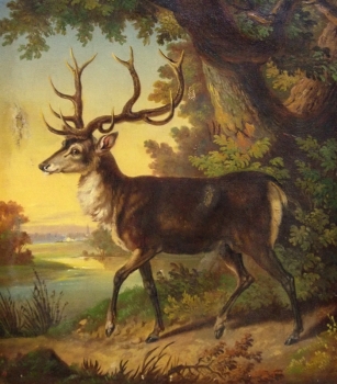 F.B. Monogramm, Hirsch in Landschaft