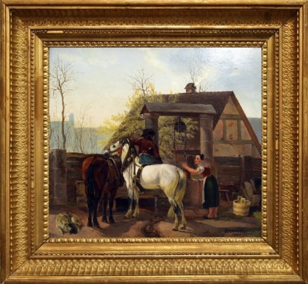 John K. Grammel (active ca. 1830), Farmers and horses at the village well