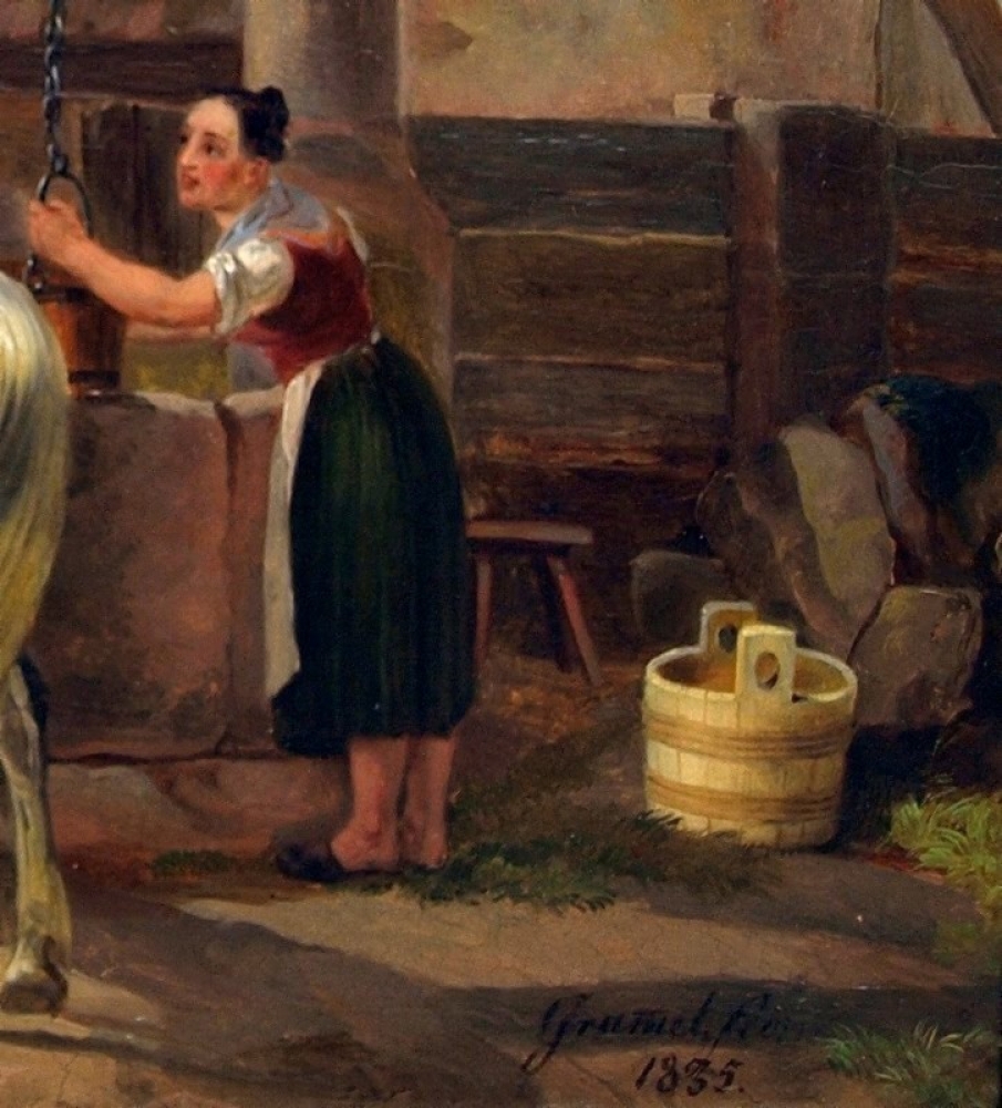 John K. Grammel (active ca. 1830), Farmers and horses at the village well