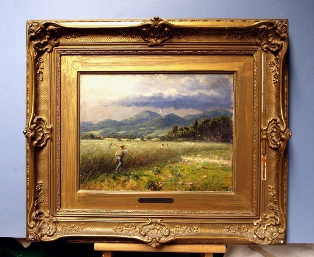 Ottmar Hendschel, Landschaft mit Bauern beim Sensen