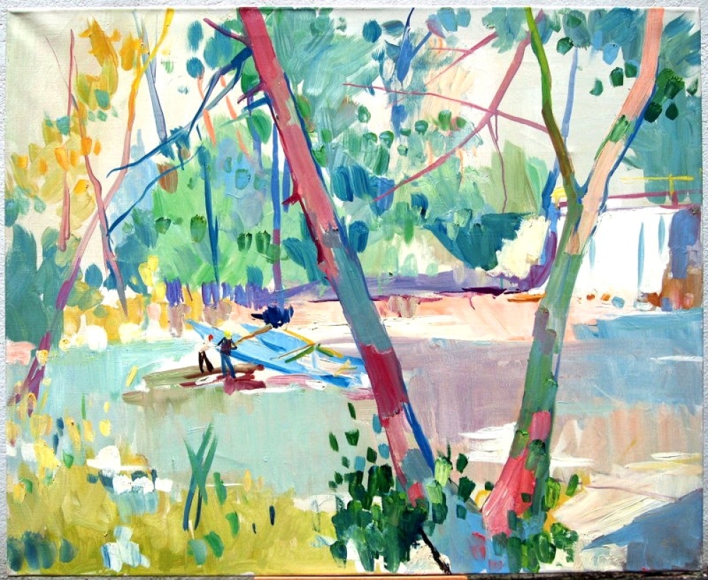 Reinhold Pallas, Zwei Ruderboote am Seeufer in einer sonnigen Waldlandschaft