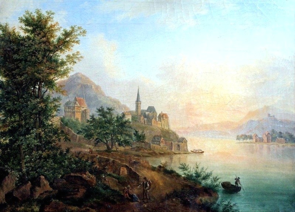 Franz Hochecker (1730-1782), Rheinlandschaft mit Schloss, Städtchen mit Kirche, Booten und Figuren