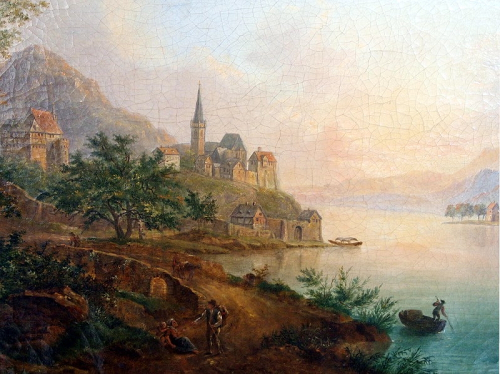 Franz Hochecker (1730-1782), Rheinlandschaft mit Schloss, Städtchen mit Kirche, Booten und Figuren