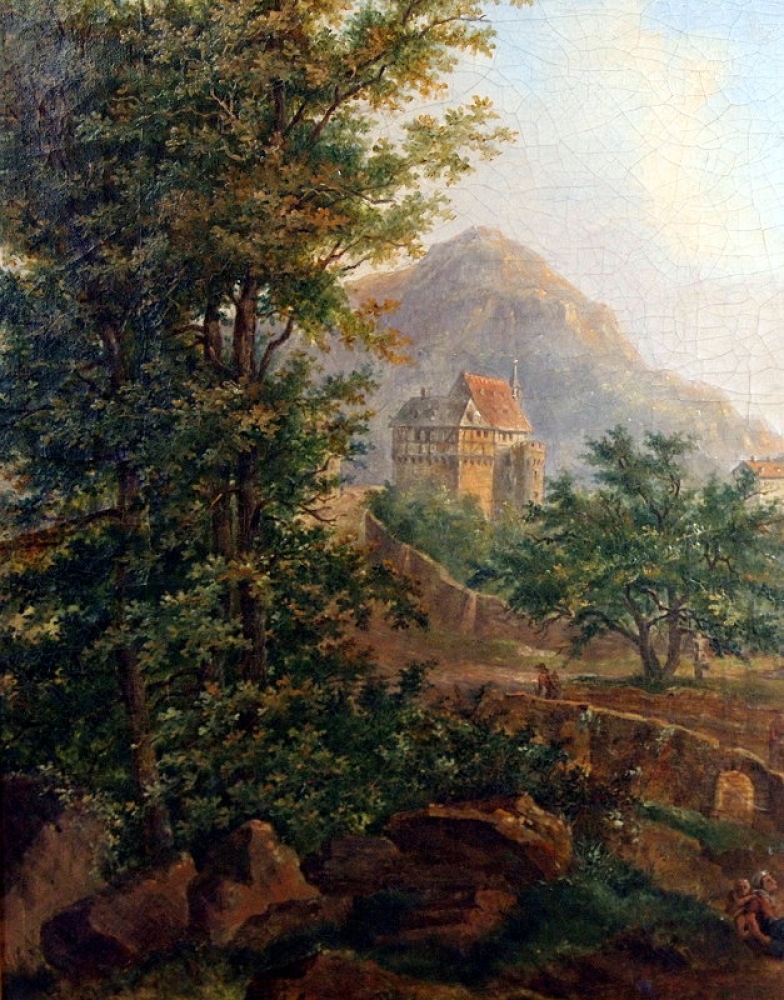 Franz Hochecker (1730-1782), Rheinlandschaft mit Schloss, Städtchen mit Kirche, Booten und Figuren
