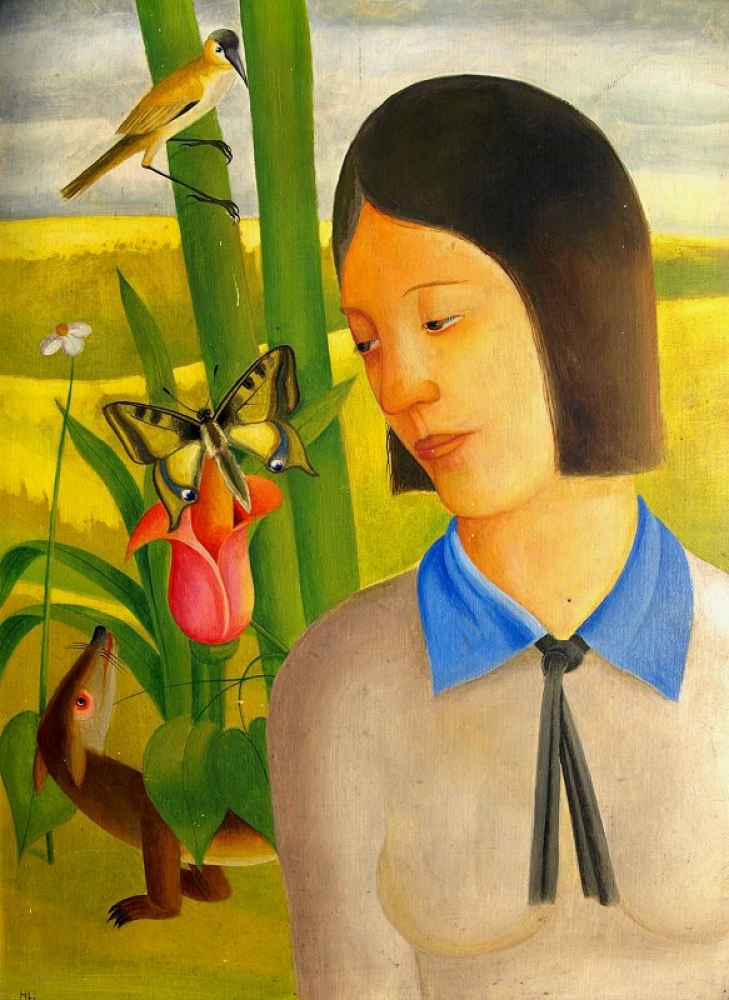 Heinrich Heidner (zugeschrieben), "Biotop" Frauenporträt in einer Naturlandschaft