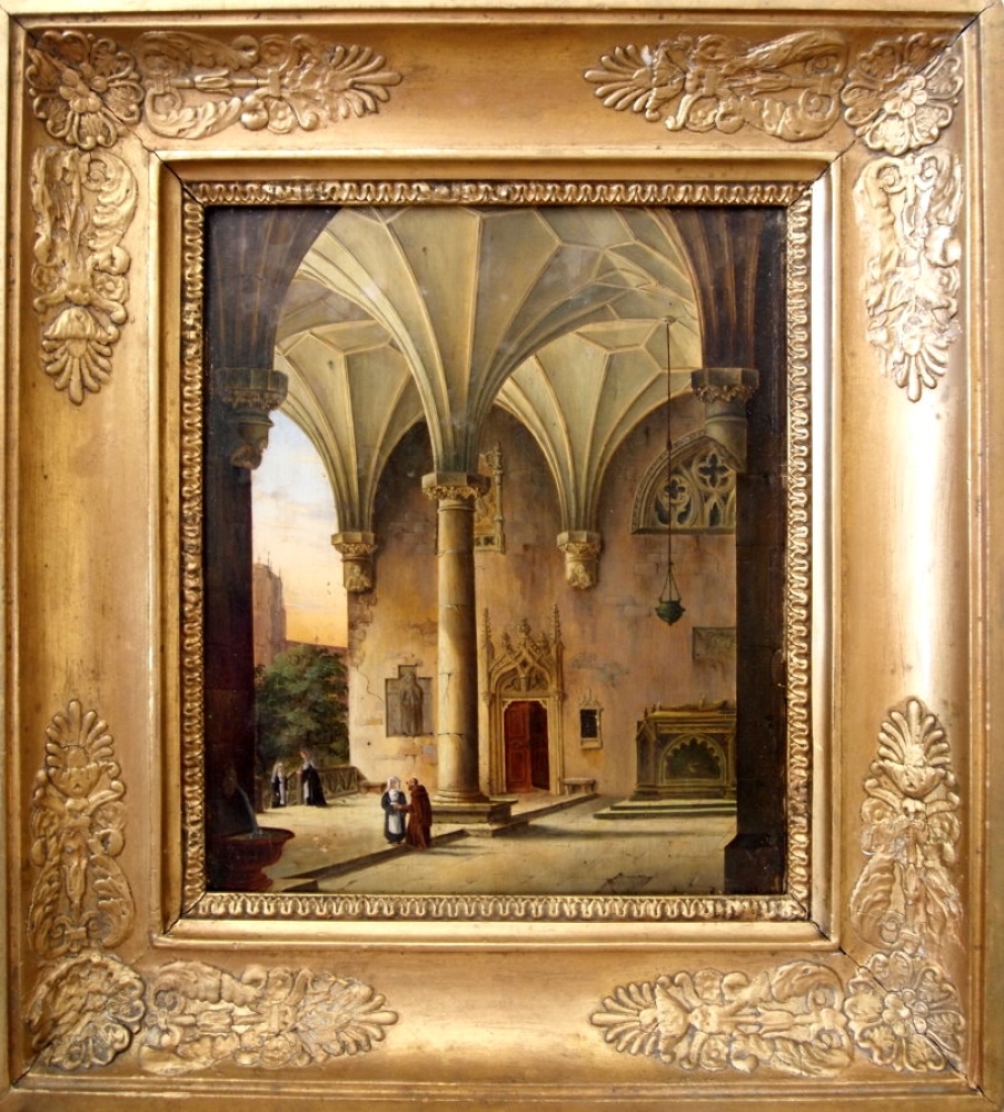 Freidrich Eibner (zugeschrieben), Klostervorhalle mit Nonne und Mönch