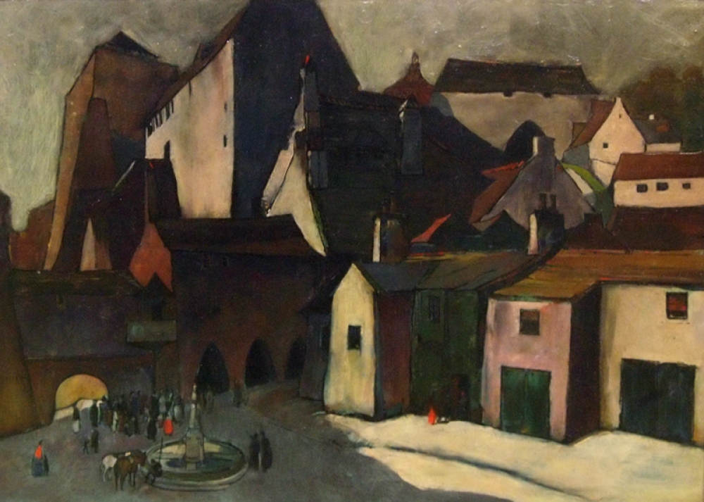 Karl Schiestl, Cityscape with Castle and fountain