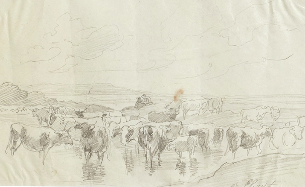 Carl Ebert, landscape with cattle in the riverbed