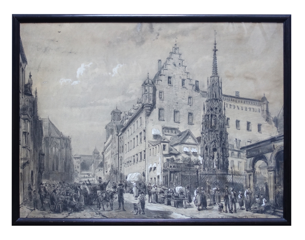 Cornelis Springer, The Beautiful Fountain with a view of Nuremberg Town Hall