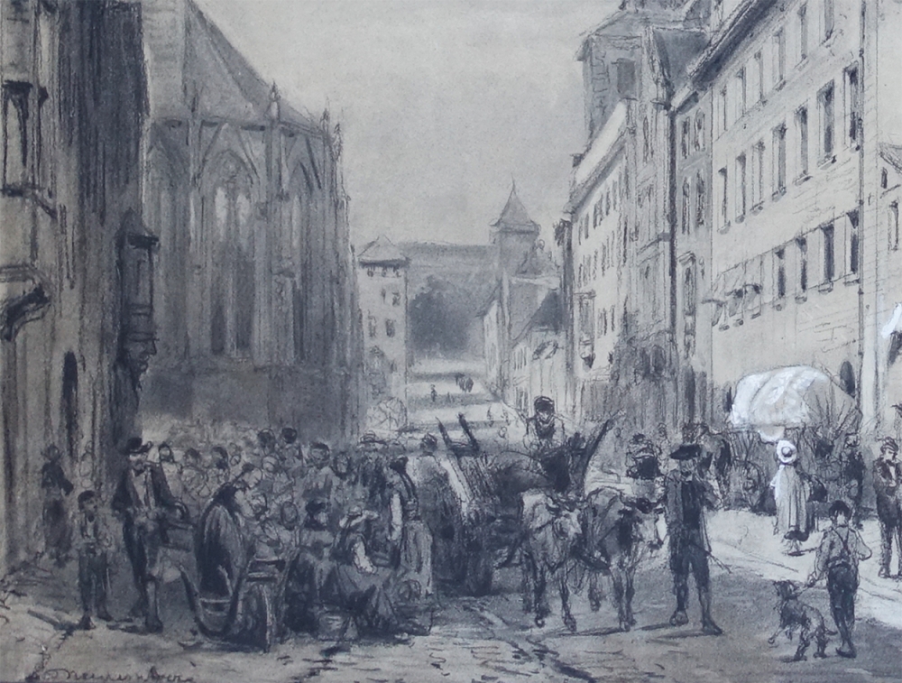 Cornelis Springer, The Beautiful Fountain with a view of Nuremberg Town Hall