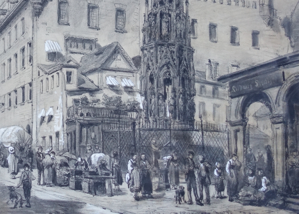 Cornelis Springer, The Beautiful Fountain with a view of Nuremberg Town Hall