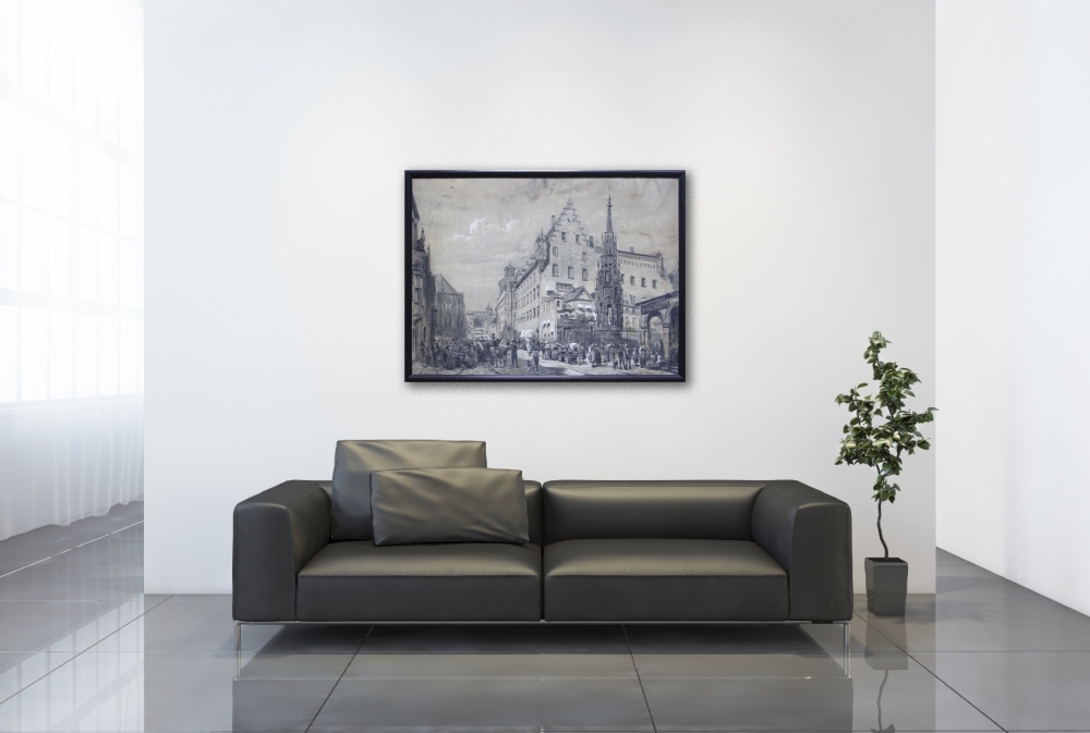 Cornelis Springer, The Beautiful Fountain with a view of Nuremberg Town Hall