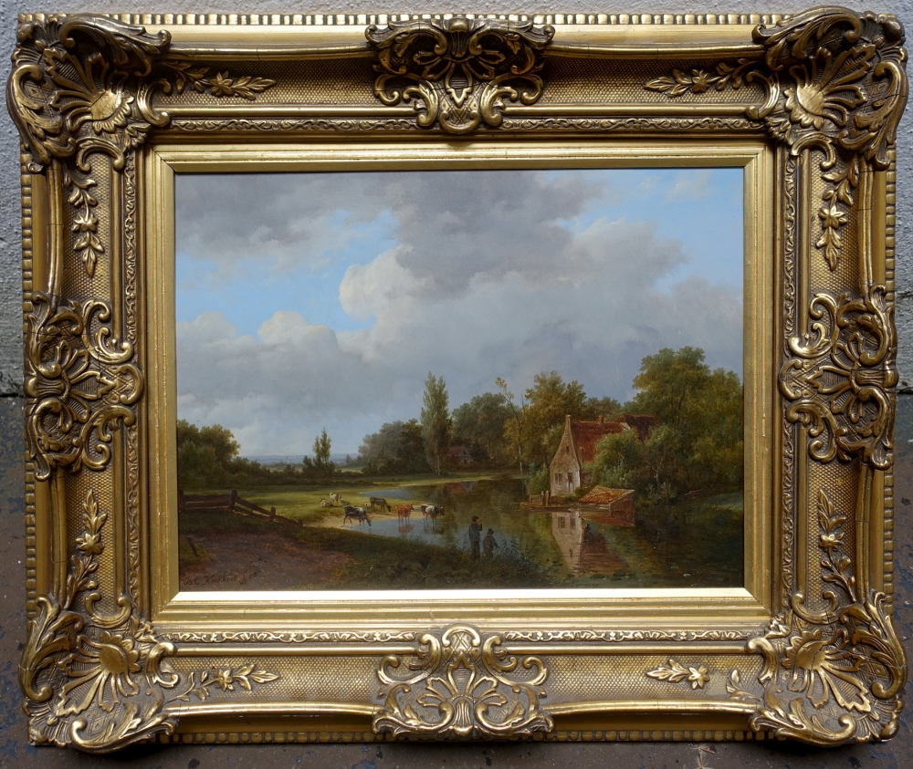 Barend Cornelis Koekkoek, River landscape with a farmhouse and shepherds